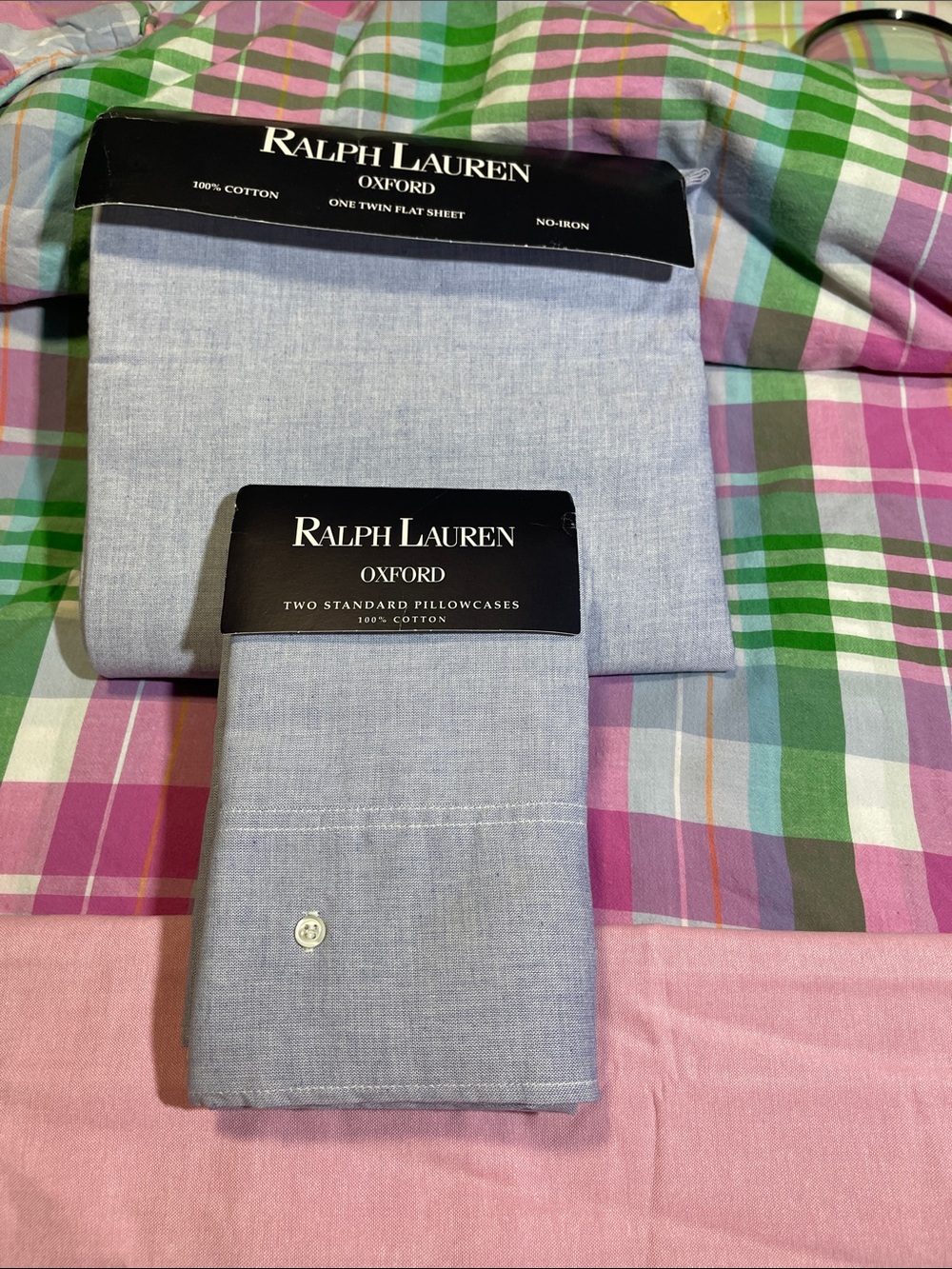 New Ralph Loren 100% Kotten Oxford, Blue, twin flat sheet and two pillowcases